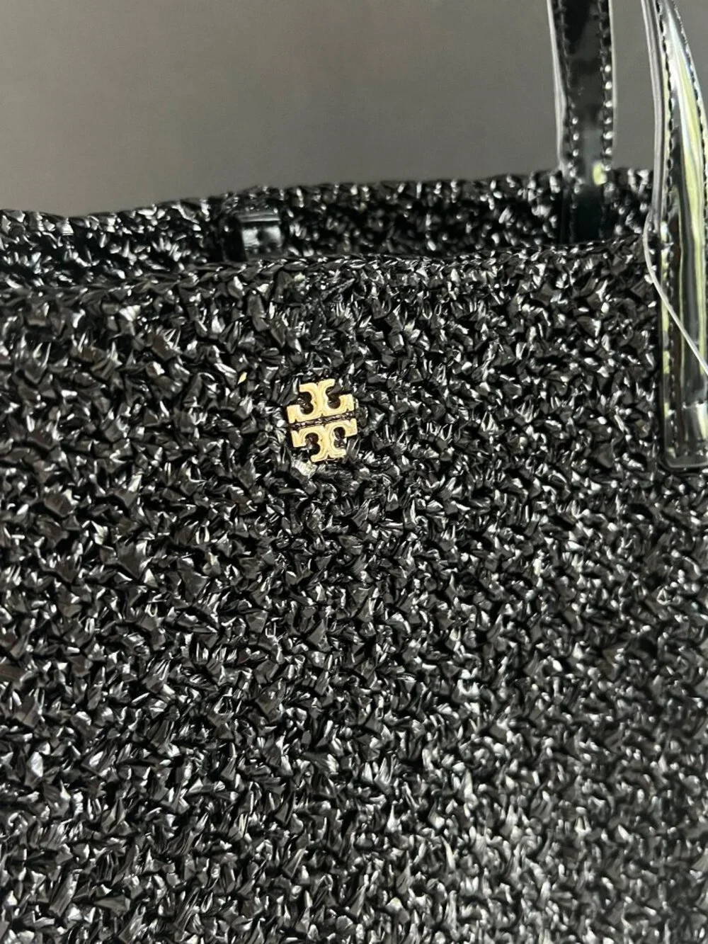 TORY BURCH Emerson Lacquered BLACK Raffia Small Tote